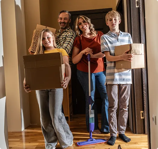 family with moving boxes